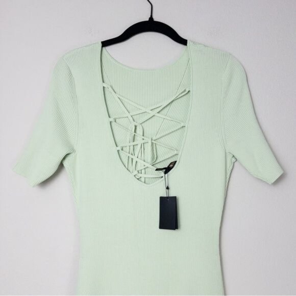 NWT Maje Ruche Tie Back Midi Dress 40 Vert L Ribbed Knit Stretch - Picture 11 of 15